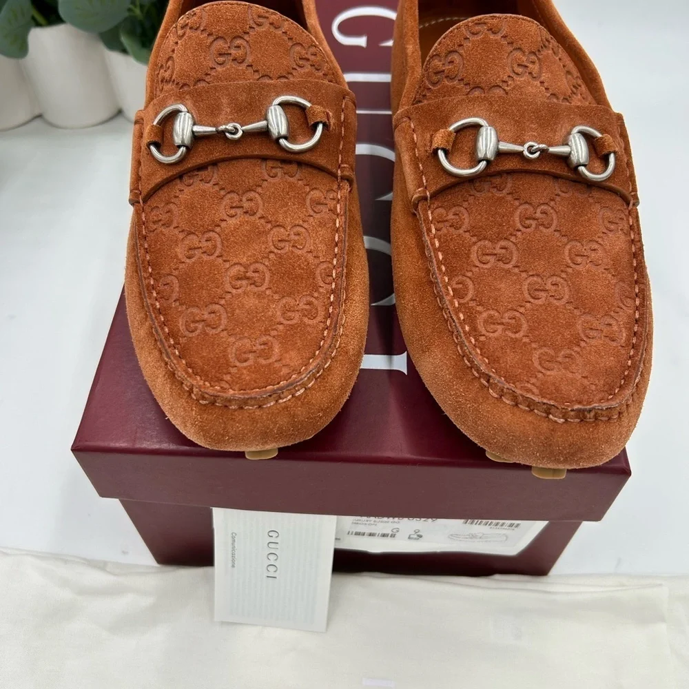 Men's Gucci horse bit suede GG loafers size 9 fits 10 US made in Italy